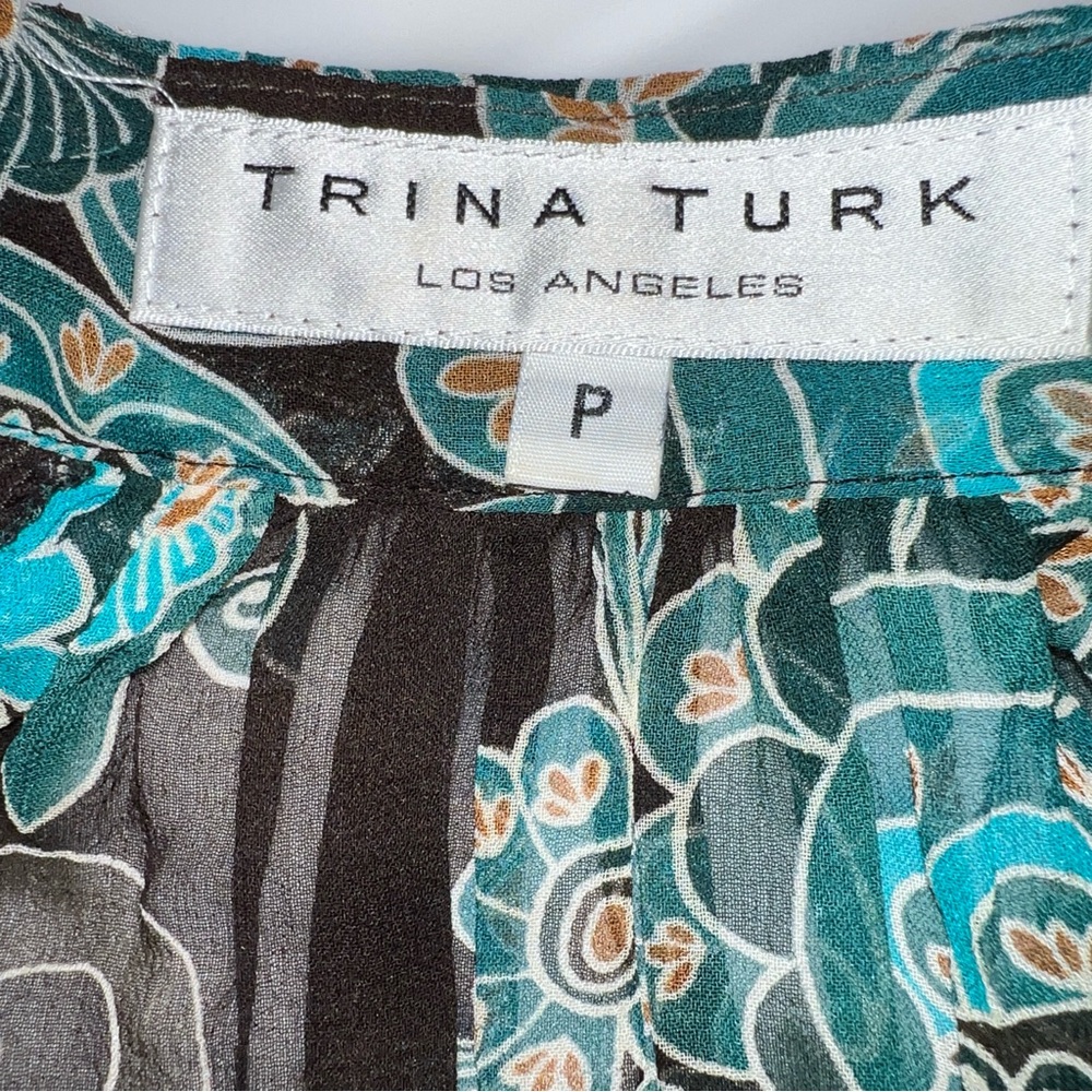 Trina Turk 100% Silk Blouse Black Teal Floral Sheer Long Sleeve Ruffle Size P - Picture 9 of 11